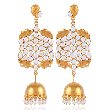 Cubic Zirconia, Pearl and Gold Plated Jhumka Earring